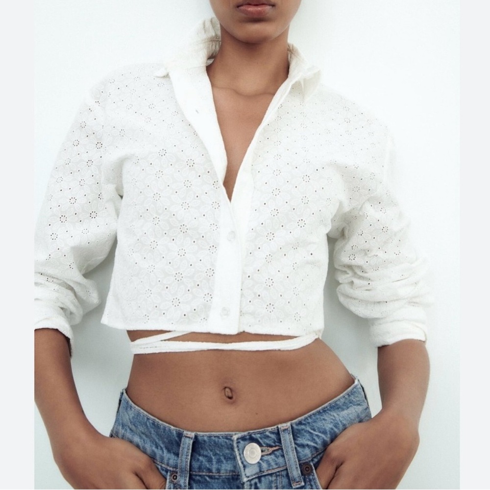 NWT Zara Women's White Cropped Shirt With Cut work Embroidery #H00